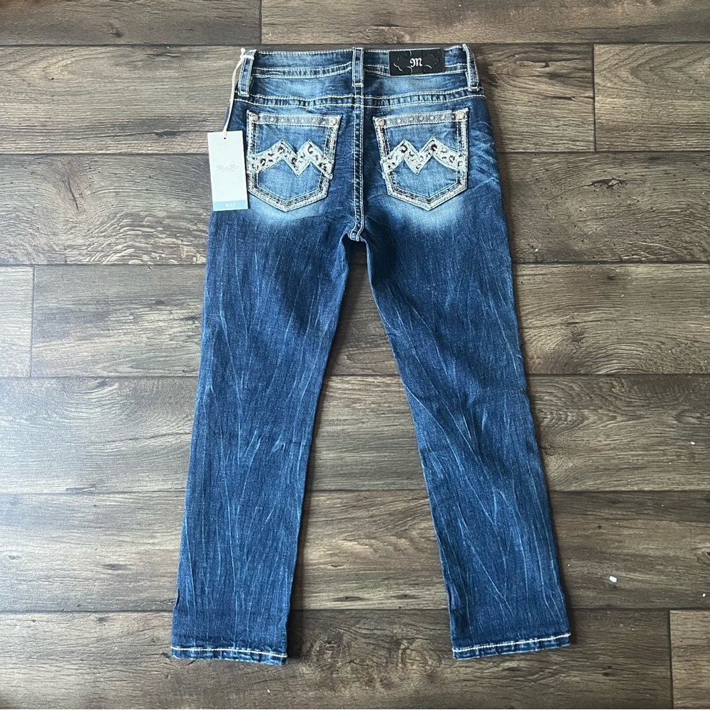 Miss Me Women's Capri Distressed Leopard Denim Jeans Dark Blue Wash Size 26